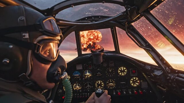 World War Two Pilot in Cockpit Witnessing Explosions During Aerial Combat - Powered by Adobe