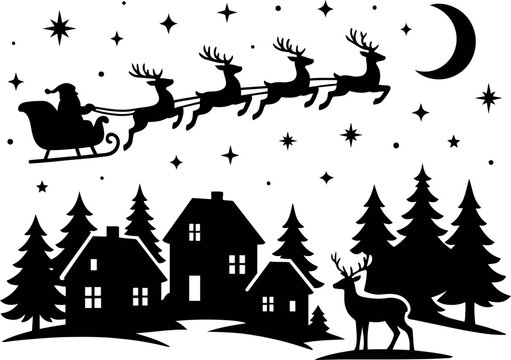 Vector silhouette of santa in sleigh with reindeer flying over houses and trees at night sky