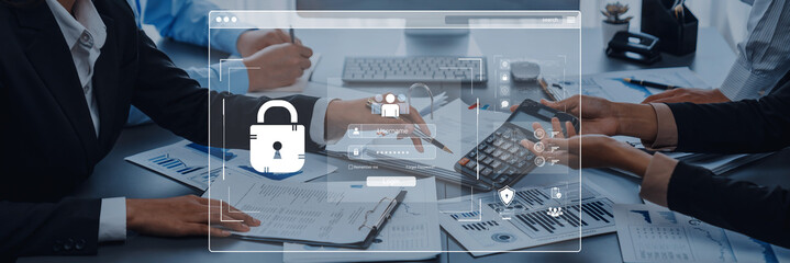 Concept of cybersecurity and data privacy. A secure login interface requires user authentication...