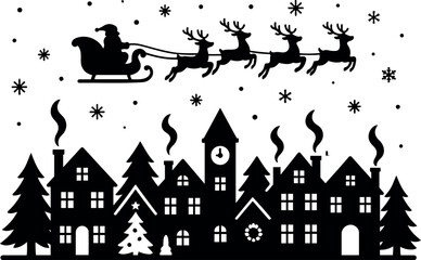 Vector silhouette of santa in sleigh pulled by reindeer over a town with christmas trees