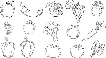 Assortment of Hand Drawn Fruits and Vegetables Outline Style Perfect for Educational Materials and Healthy Eating Concepts