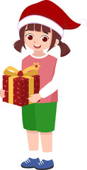 A little girl wearing a Santa hat and carrying Christmas presents, suitable for Banner, flyer, website, and children book
