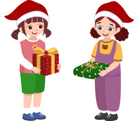 Two little girls wearing Santa hats are standing while exchanging Christmas gifts. This illustration is suitable for banners, children's books, flyers, and websites.