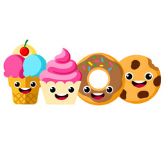 Fototapeta premium Cute cartoon sweets characters ice cream cupcake donut cookie fun