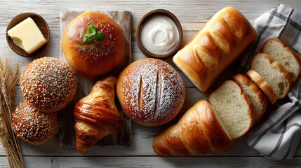 Many kind of breads and white cream is on the table.