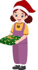 A little girl wearing a Santa hat is standing while carrying Christmas presents.