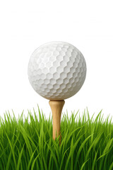 White golf ball on wooden tee, in vibrant green grass. Iconic dimpled surface, glowing softly against a dark background, ready for drive. Captures golf's precision, sport, game, and course beauty. Ide