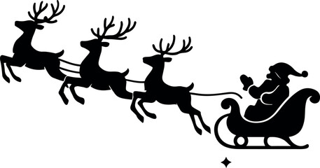 Vector silhouette of santa claus in a sleigh being pulled by three reindeer on a white background