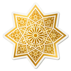 Islamic star pattern with glowing golden effect in sticker style, symbolizing beauty, faith, and tradition,