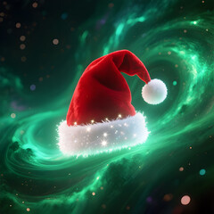 Festive Santa Hat Floating in a Cosmic Green Nebula Dreamlike Christmas Holiday Image