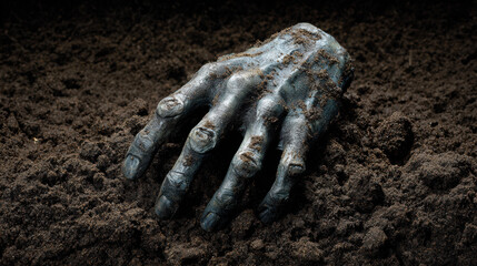 Scary, horrifying dead hand of zombie rising from grave. terrifying undead corpse arm emerging from dark dirt and ground, creating spooky halloween horror concept