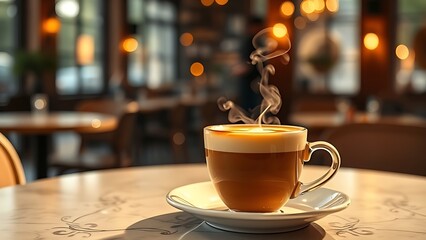 Obraz premium Steaming hot latte cup on an elegant cafe table, evoking a warm morning breakfast atmosphere.