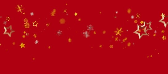 Christmas background with golden stars, snowflakes, and ornaments on a vibrant red backdrop. Perfect for holiday designs and festive celebration