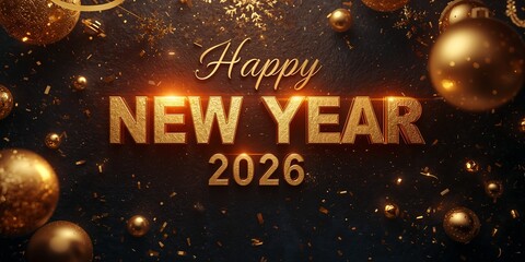 Happy New Year 2026: Glittering Golden Typography with Festive Ornaments, Gifts, and Red & Gold Celebration Decor