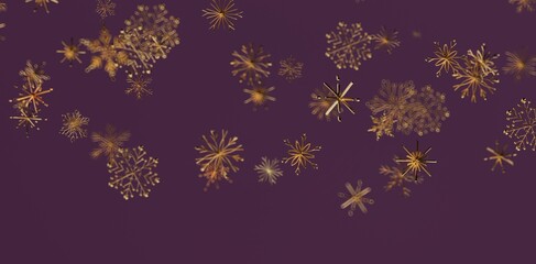 Abstract design featuring floating golden snowflakes on a rich purple background. Perfect for Christmas, winter holidays, and luxury design conc