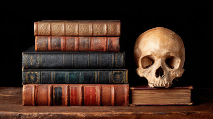 Macabre still life of human skull and old antique books on wooden table. dark, mysterious scene representing death, knowledge, and mortality