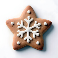 Festive Star Shaped Gingerbread Cookie with White Icing Snowflake Decoration on White Background