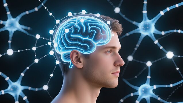 Young man in profile, human brain illustration with neural connections, focus on mental activity, theme of intelligence and learning.