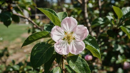 Apple blossom with green leaves, flower, nature, garden, green, apple, color, pink, apple blossom.