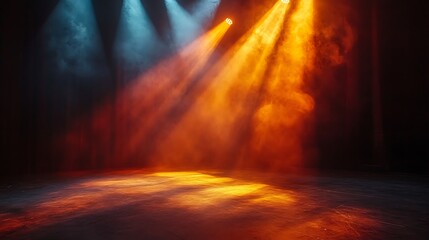 Obraz premium Dramatic stage lights orange and blue beams atmospheric performance concert theater event spotlight effect vibrant colors dark background dynamic lighting artistic professional high resolution photo