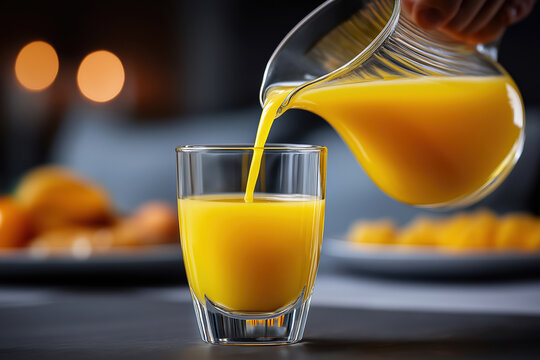 Pouring fresh juice into a glass on a cozy dining table