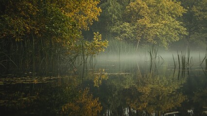 Fototapeta premium Reflective waters of a swamp landscape with water, trees, grass, leaves, and plant life, showcasing nature and greenery.