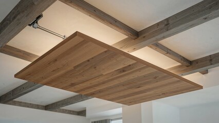 Fototapeta premium Stylish wooden false ceiling in the house, modern ceiling, with wooden platform suspended from gray wooden beams, ecological ceiling repair.