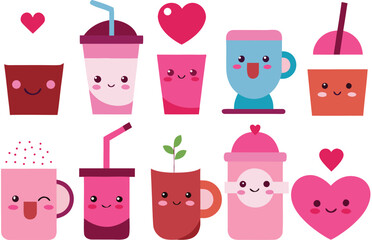 Kawaii valentine drinks vector icon set 20 cute beverage illustrations for romantic designs
