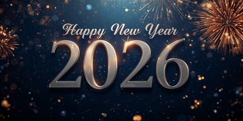 Happy New Year 2026: Glittering Golden Typography with Festive Ornaments, Gifts, and Red & Gold Celebration Decor