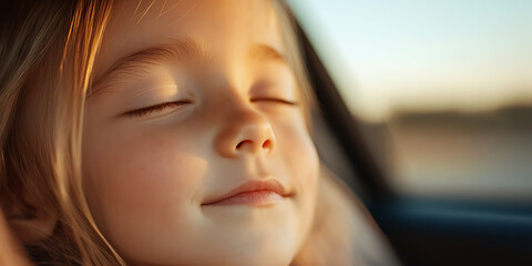 Girl peacefully dozes during a car ride, sun kisses her face, creating a serene atmosphere. She is the picture of innocence. Her face shines with purity and calmness.