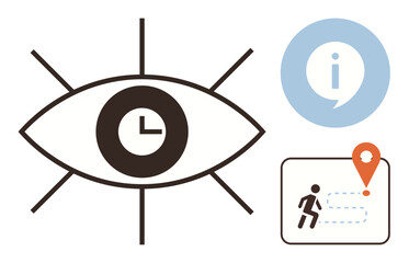 Eye with clock symbolizing awareness and time, info icon for communication, and navigation path with locator pin. Ideal for planning, tracking, guidance, quality, productivity connection. Simple