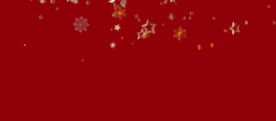 Christmas background with golden stars, snowflakes, and holiday elements over a rich red backdrop. Perfect for seasonal designs, Christmas cards