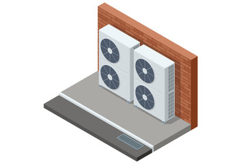 Isometric industrial air conditioning system with ventilation fans. Concept of HVAC technology, energy, and climate control.