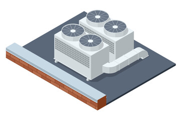 Isometric industrial rooftop air conditioning system with ventilation fans. Concept of HVAC technology, energy, and climate control.