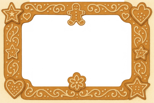 Gingerbread cookie frame with ornate icing, festive holiday dessert border, baking and winter season concept, transparent background