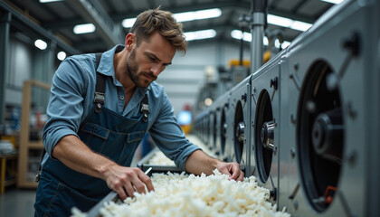 Textile worker carefully inspecting production quality in factory, checking consistency of raw material for weaving. Textile worker ensures standards,