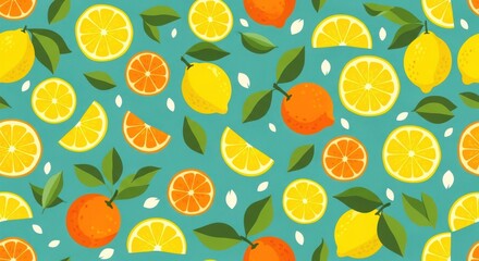Colorful citrus fruit pattern with lemons and oranges on teal background