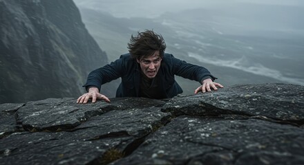 Man struggles desperately while clinging to the edge of a steep, rocky cliff face