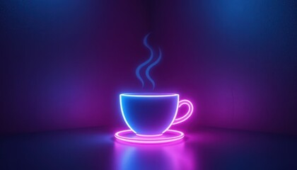 Minimalist Glowing Coffee Cup and Saucer in Vibrant Neon Colors