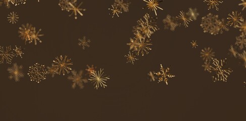 Elegant abstract golden snowflakes on dark brown backdrop. Perfect for seasonal designs, Christmas greetings, and winter-themed projects.