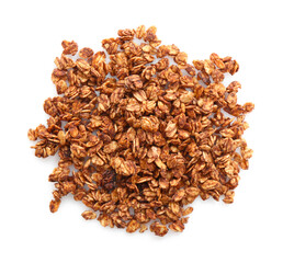 Pile of tasty granola isolated on white, top view