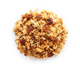 Pile of tasty granola with dried fruits isolated on white, top view