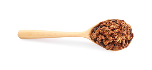 Tasty granola with chocolate chips in spoon isolated on white