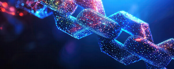 Abstract blockchain concept with vibrant colors and glowing links, representing technology and innovation in open space