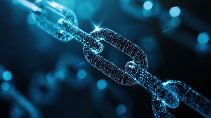 Digital blockchain network interconnected nodes create futuristic atmosphere, showcasing technology and innovation in vibrant blue hue