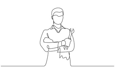 Single continuous line drawing mechanic with the gesture of lifting his thumb and holding the wrench. Single line draw design vector graphic illustration