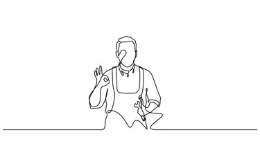 Single continuous line drawing mechanic with the gesture of lifting his thumb and holding the wrench. Single line draw design vector graphic illustration