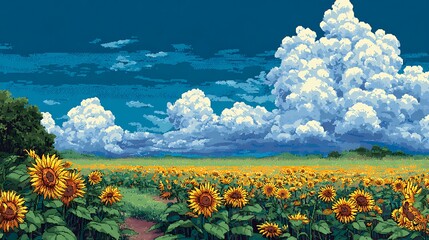 Pixel art landscape of a vast sunflower field under a dramatic sky with large cumulus clouds