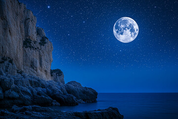 A deep blue night sky dotted with stars as the full moon hovers over rocky cliffs