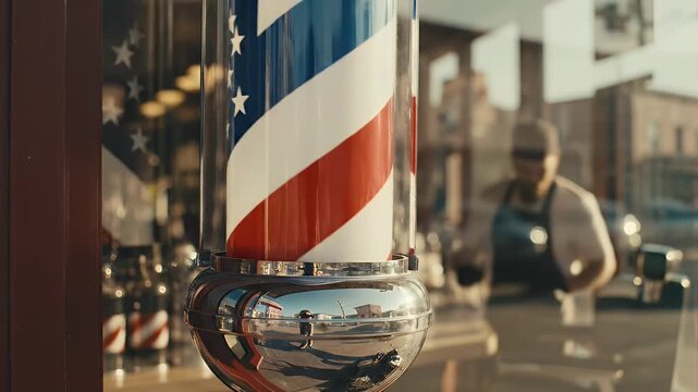 Cinematic Close-up of Barber Pole Rotating and Transitioning into the American Flag Pattern in Golden Hour Sunlight